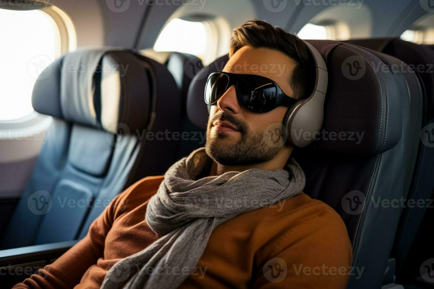 Man is sleeping in the plane in sleep mask photo