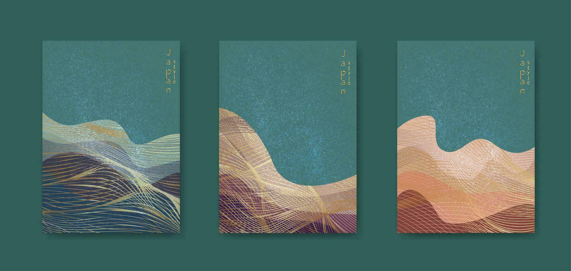 Japanese wave pattern with abstract landscape grunge art background vector. Water surface and ocean elements template in vintage luxury style. vector