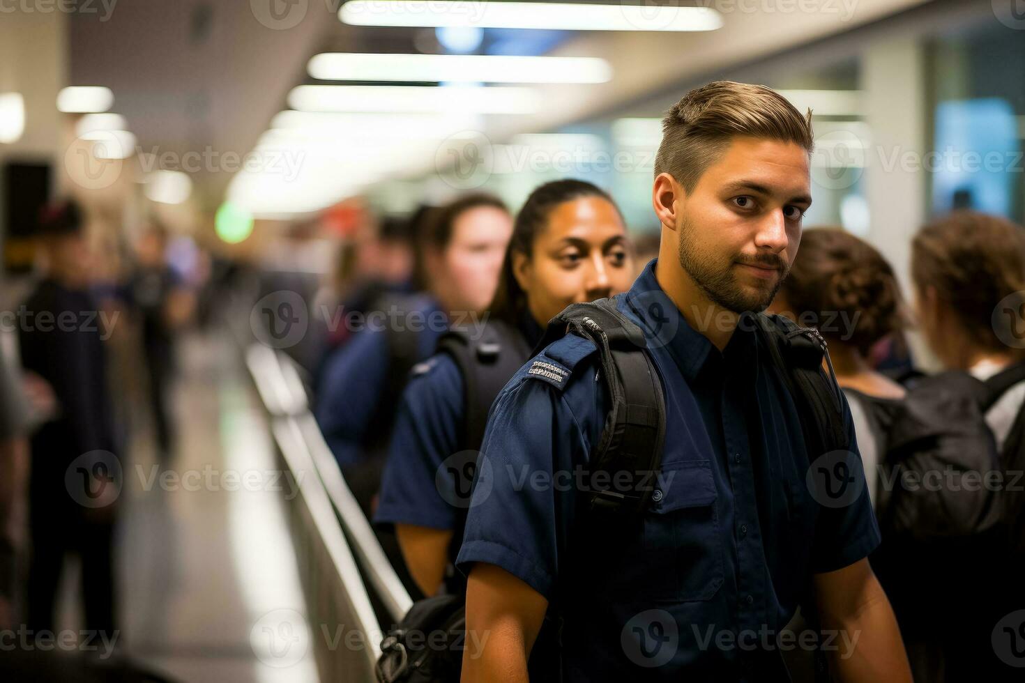Airport security personnel efficiently managed the long lines during peak travel hours photo