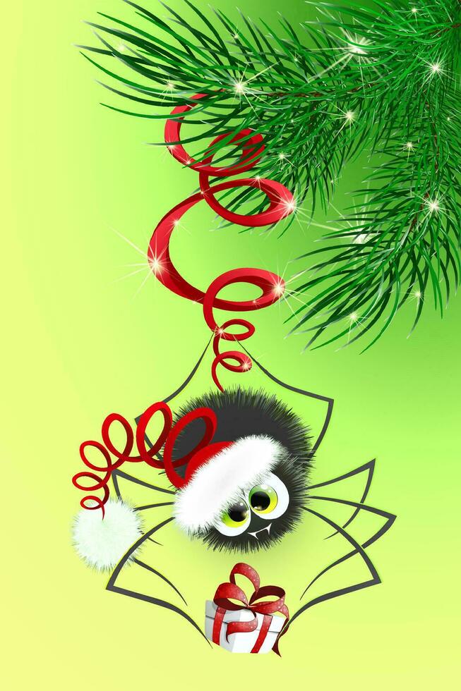 Green fir tree branch with hanging fluffy spider in Santa hat and holding Christmas gift vector