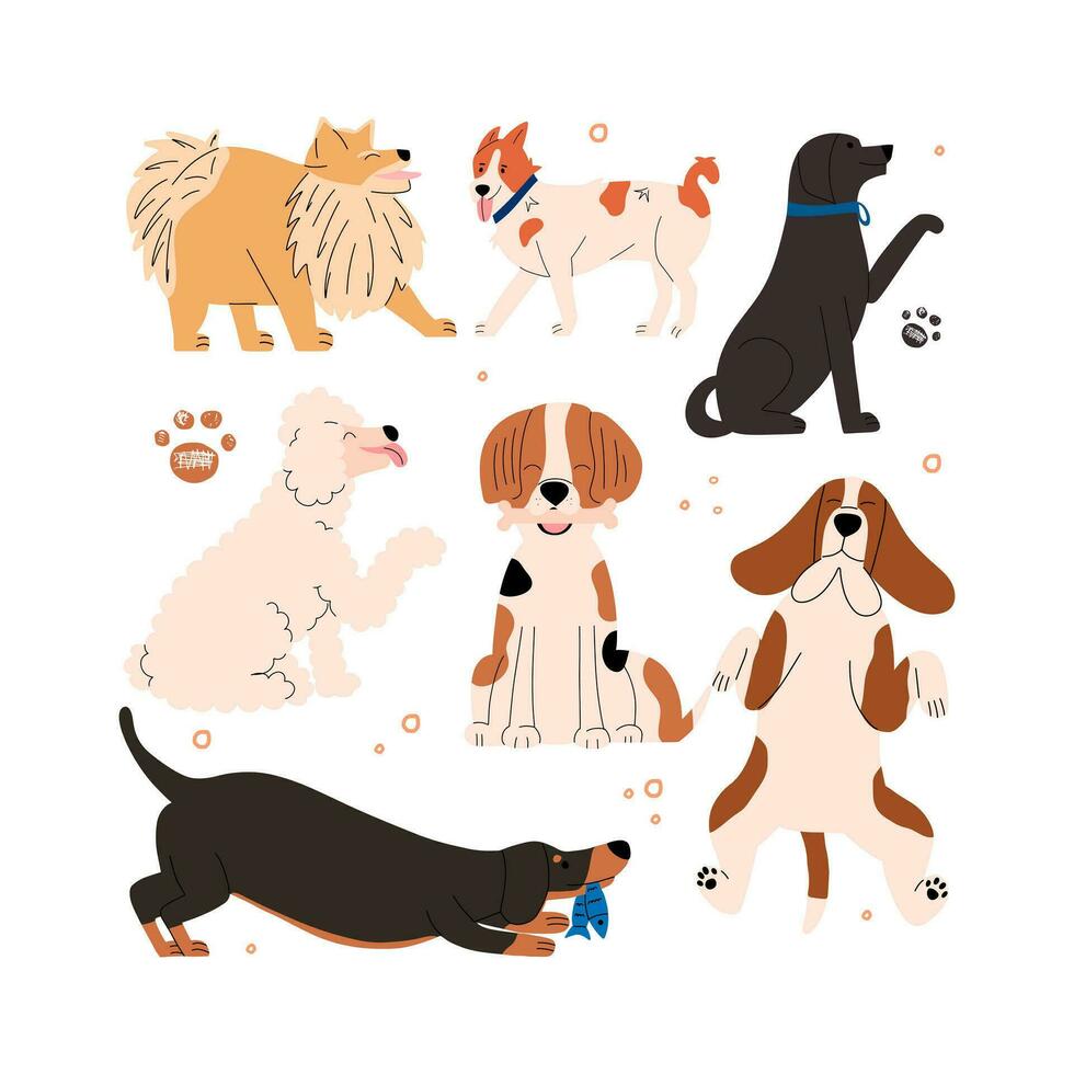 conjunto de emocional y positivo perros. colección de mano dibujado panal animales vector ilustración