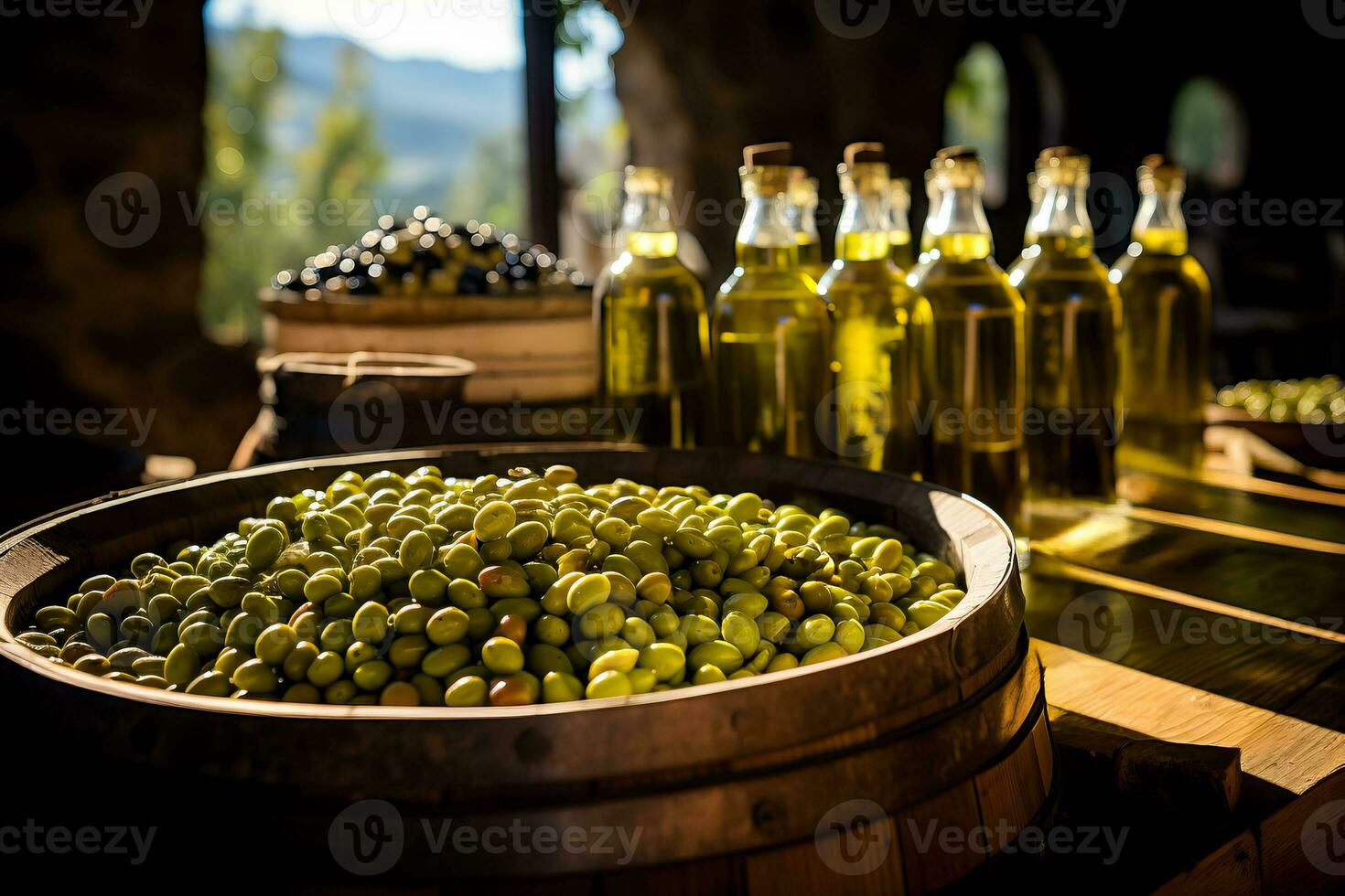 almacenamiento y fermentando aceitunas en de madera barriles un vital paso hacia excepcional aceituna petróleo foto