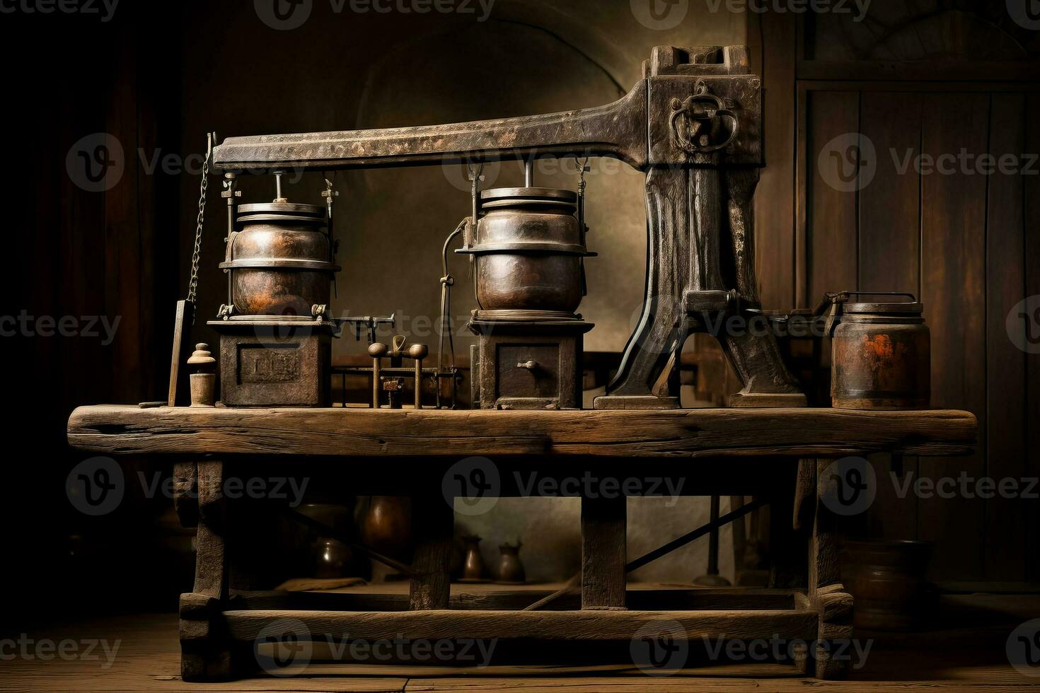 Antique olive oil press in a rustic mill isolated on a warm gradient background photo