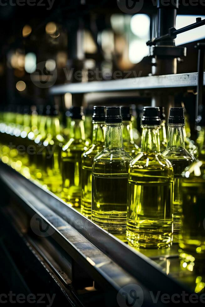 Industrial conveyor belt with olive oil bottles modern packaging process background with empty space for text photo