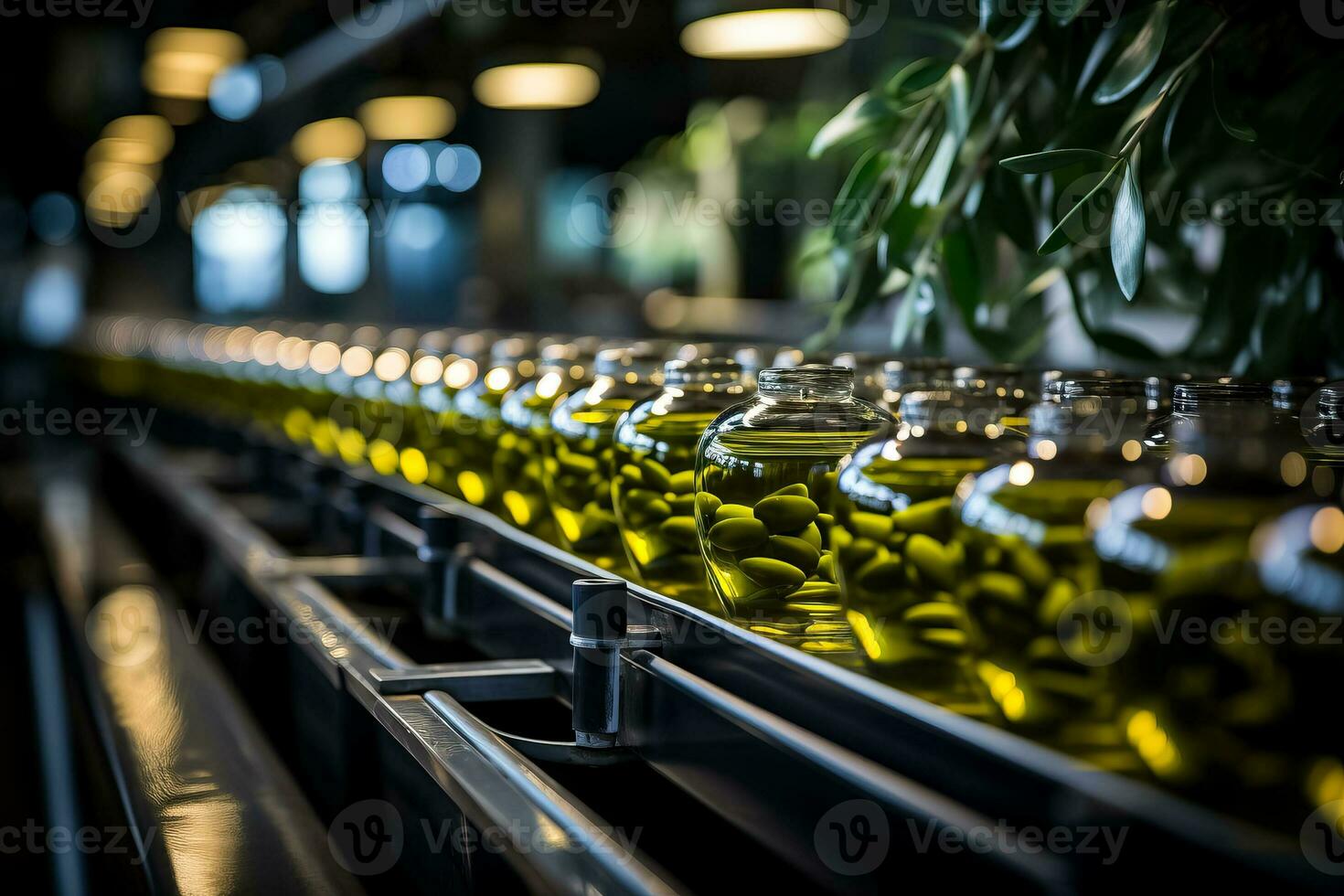 Modern assembly line ensuring rigorous quality control in olive oil production and packaging photo