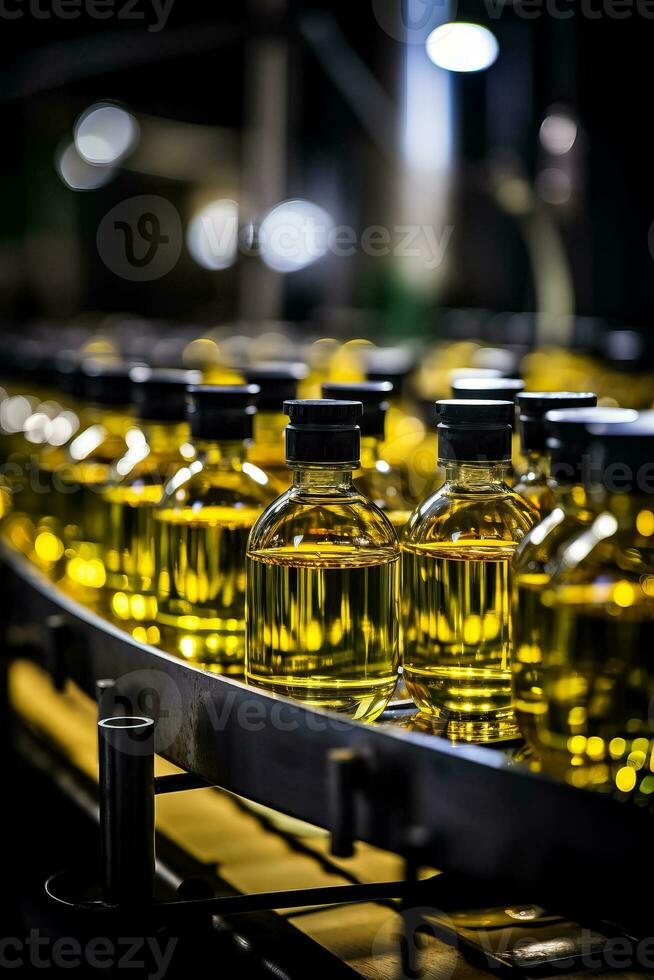 Industrial conveyor belt with olive oil bottles modern packaging process background with empty space for text photo