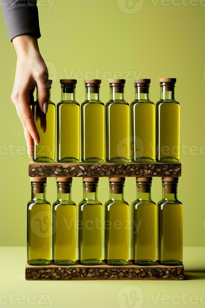 artesano mano aplicando etiquetas a aceituna petróleo botellas aislado en un pastel degradado antecedentes foto