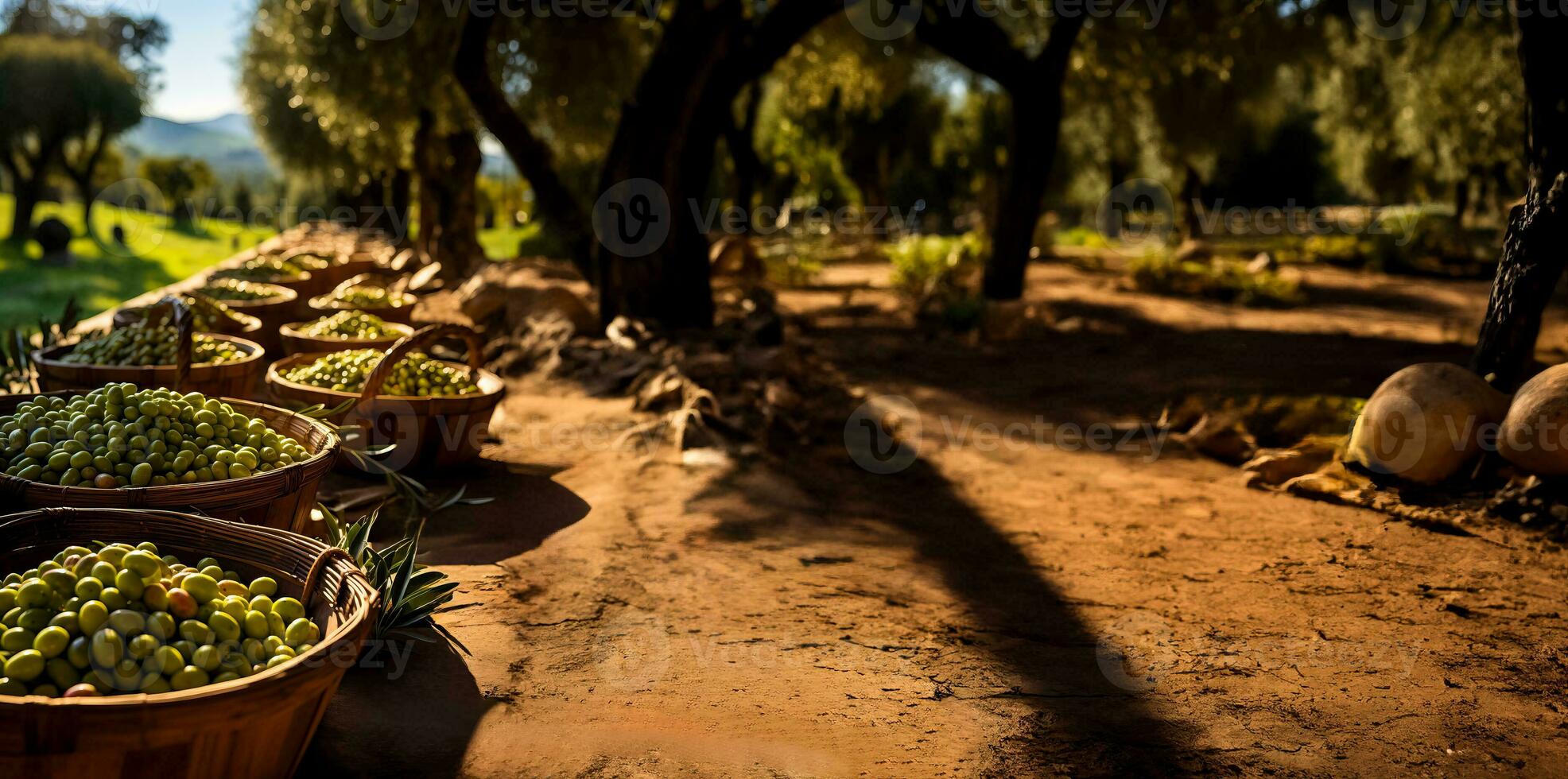 Traditional baskets filled with freshly picked olives in a sun drenched Tuscany field photo