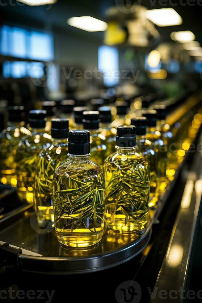 Modern assembly line ensuring rigorous quality control in olive oil production and packaging photo