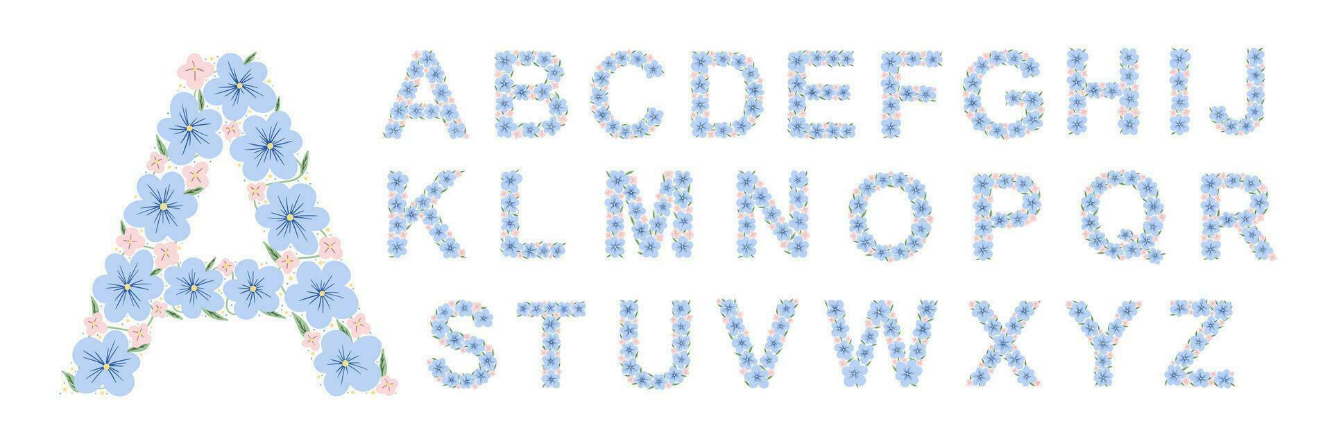 floral botánico alfabeto. azul flores mano dibujado monograma letras. capital letras con plantas y flores vector letras aislado en blanco