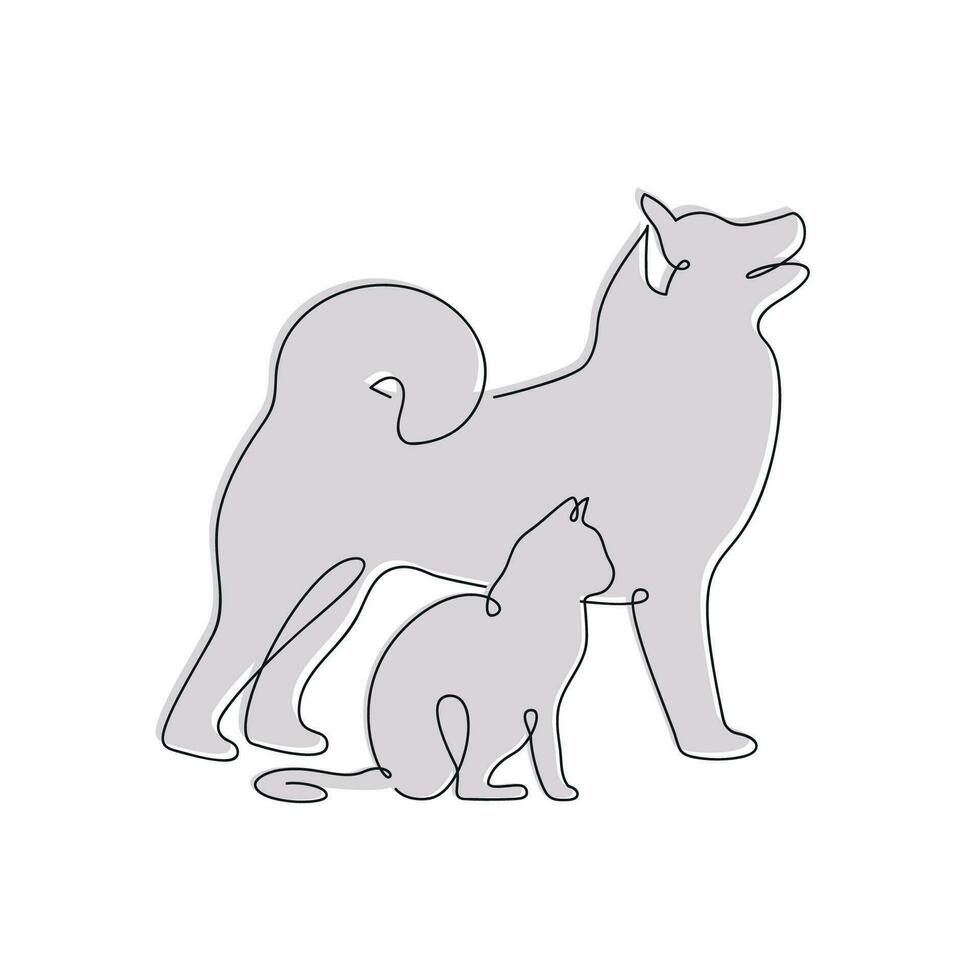 Cat and dog drawn in one continuous line in color. One line drawing, minimalism. Vector illustration.