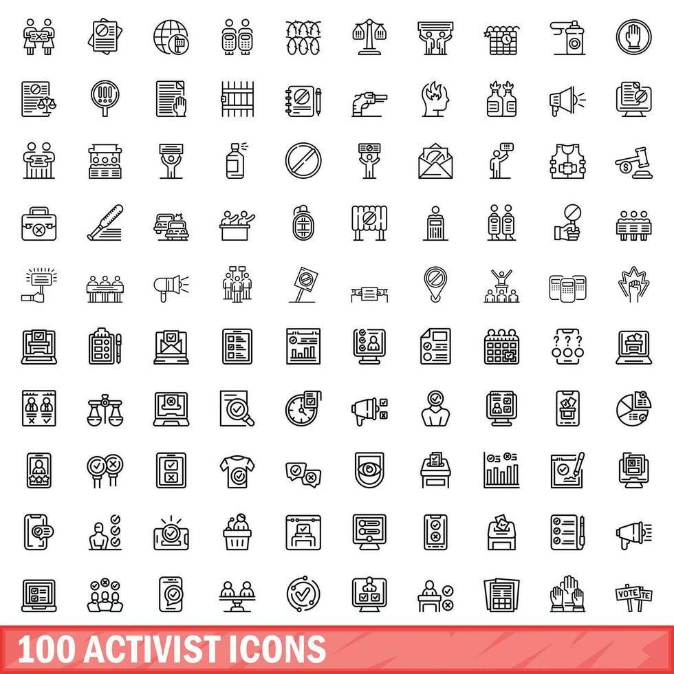 100 activist icons set, outline style vector
