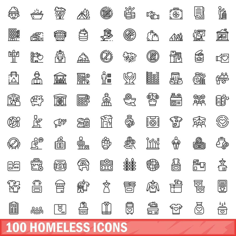 100 Vagabundo íconos colocar, contorno estilo vector