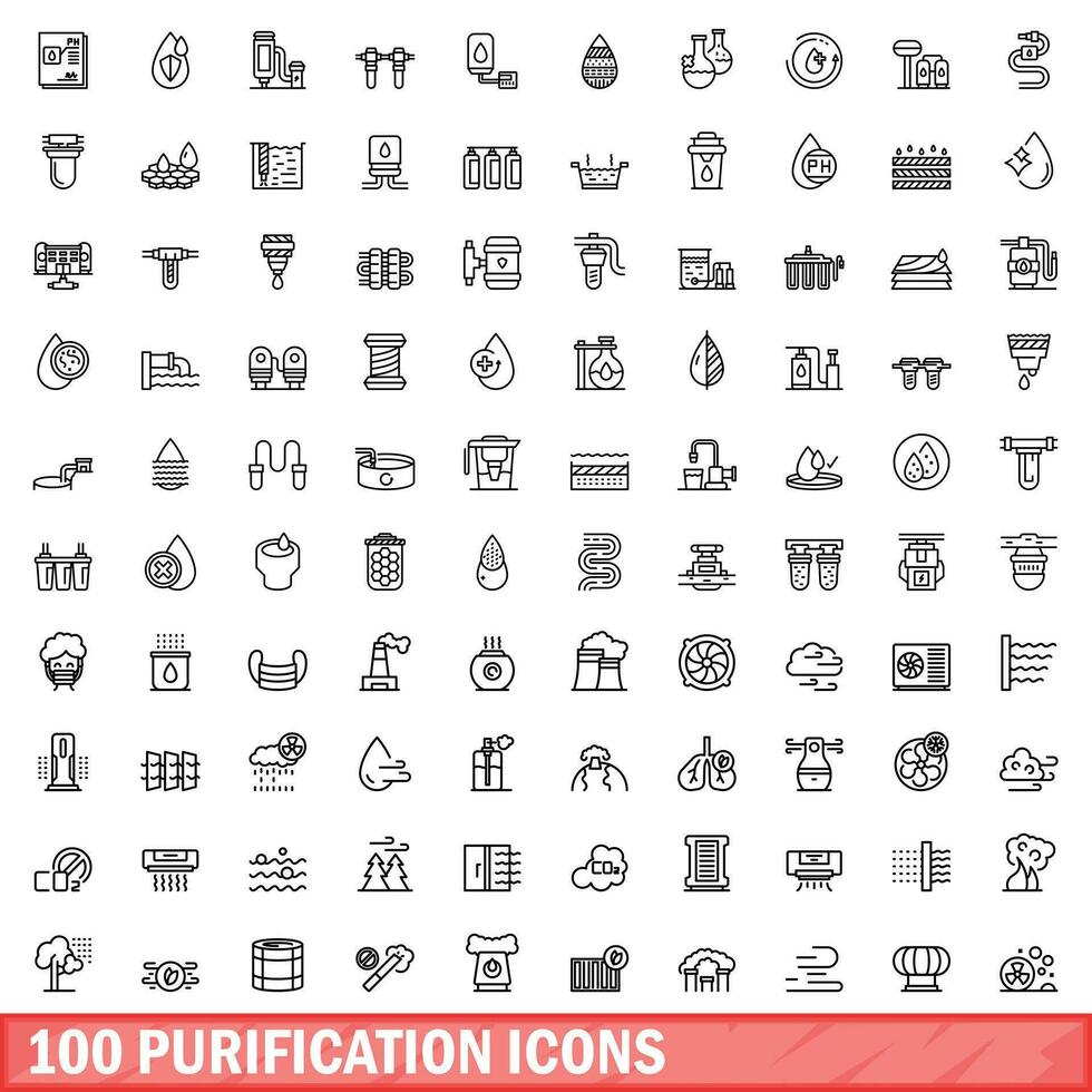 100 purificación íconos colocar, contorno estilo vector