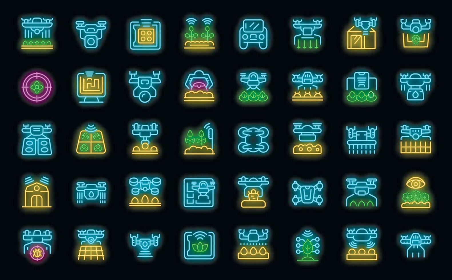 Drones in agriculture icons set vector neon