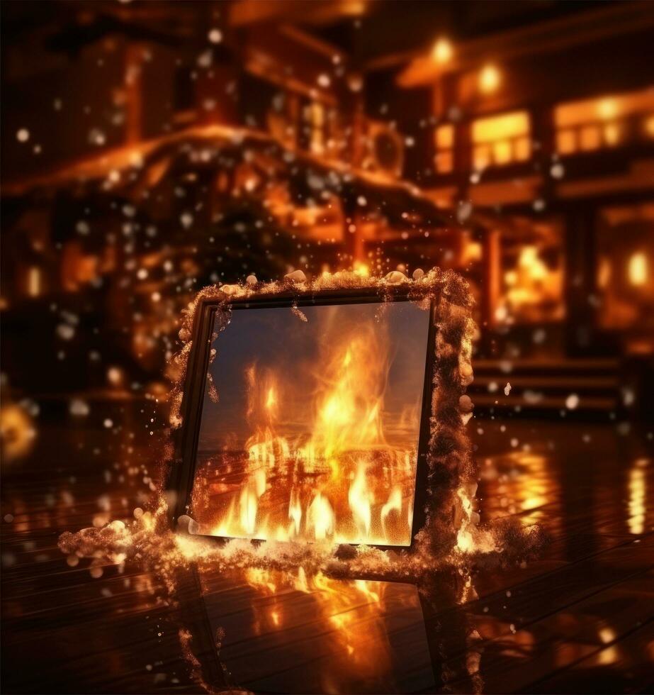 Christmas background with fireplace photo