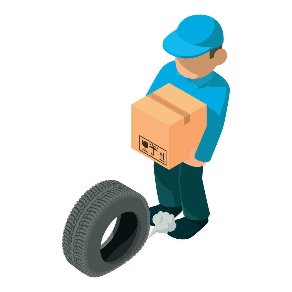 Delivery concept icon isometric vector. Male courier with box hand and car tire vector
