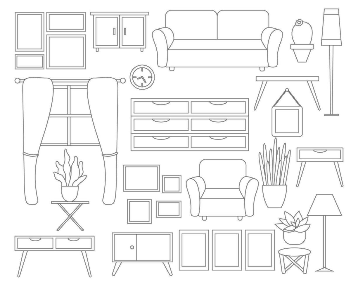 un colección de vivo habitación mueble para diseño proyectos y interior soluciones un conjunto de mueble para interiores en negro y blanco. objetos son aislado. vector