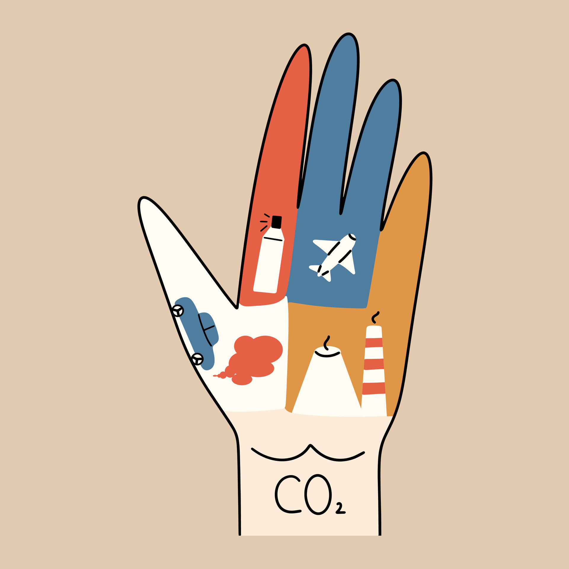 Carbon handprint. CO2 concept. Vector illustration in hand drawn style