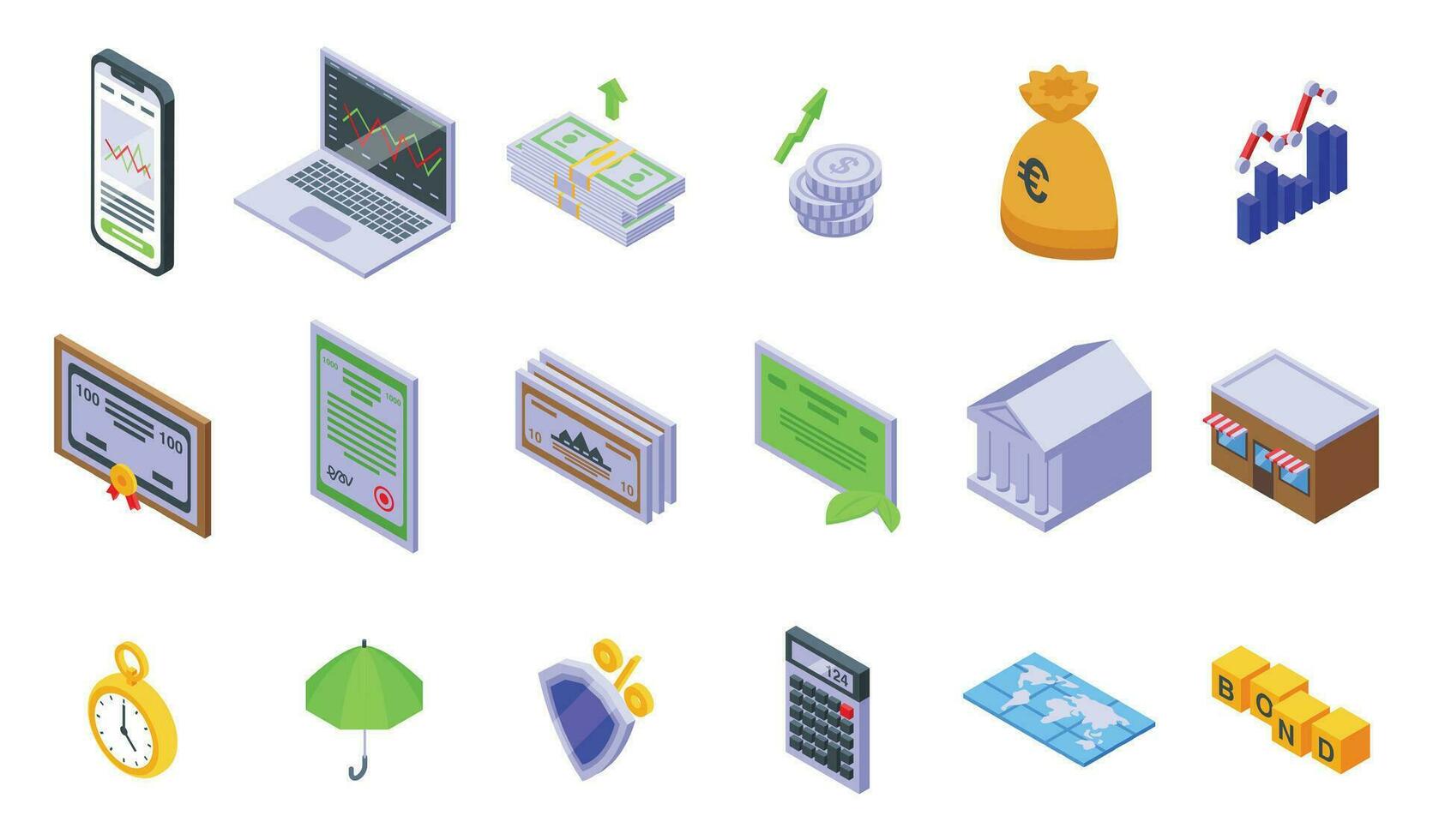 Bonds icons set isometric vector. Management investment vector