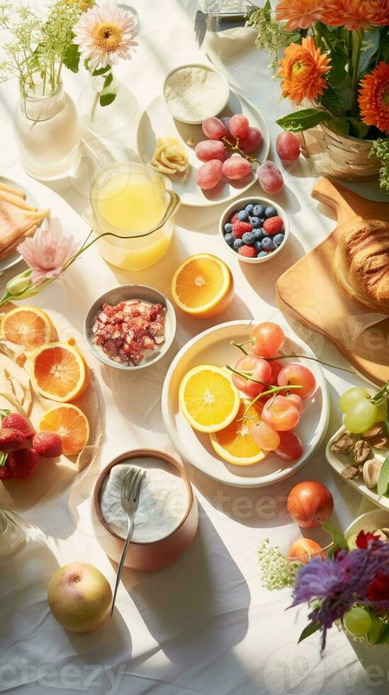 Inviting communal breakfast setting, photographed from above, illuminating the joy of sharing meals in the morning light AI Generative photo