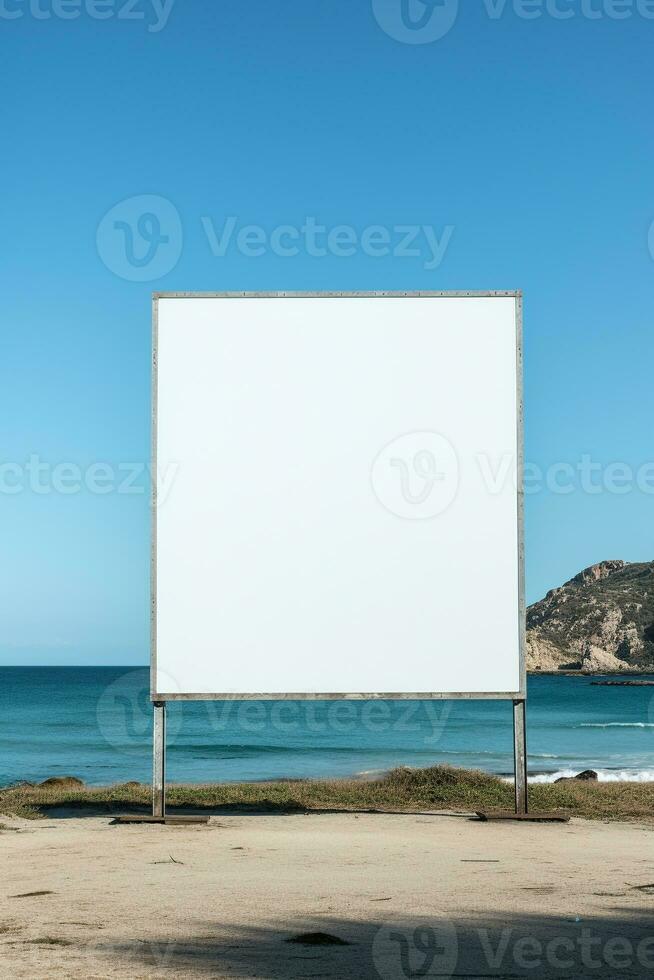 Striking image of a blank billboard frame on a desolate beach, endless advertising possibilities AI Generative photo