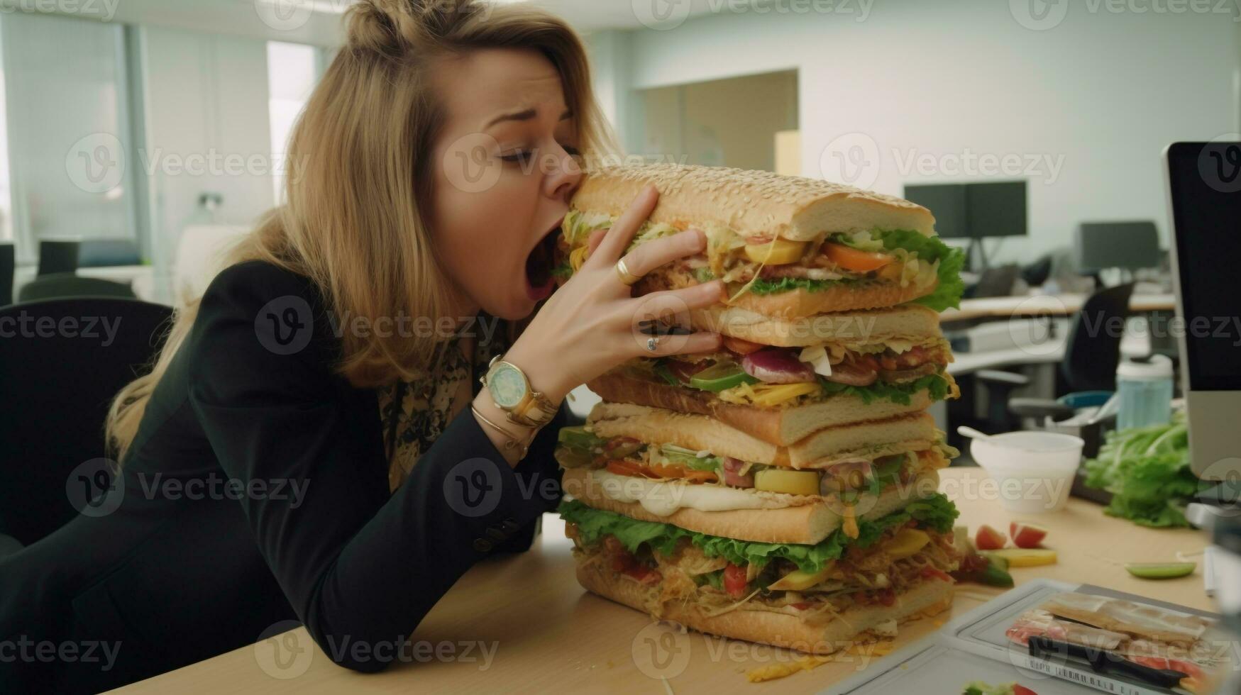 malabares emparedado y hojas de calculo - mujer humorístico almuerzo de trabajo equilibrar ai generativo foto