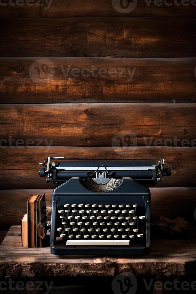 Vintage typewriter on rustic wooden background photo