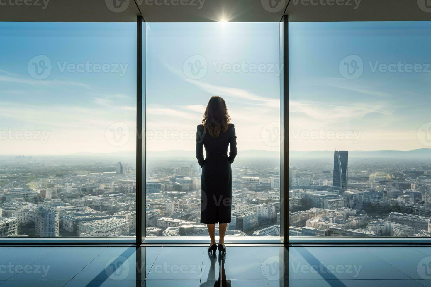 Backshot of a female leader against a panoramic window and expansive cityscape with ample copyspace AI Generative photo