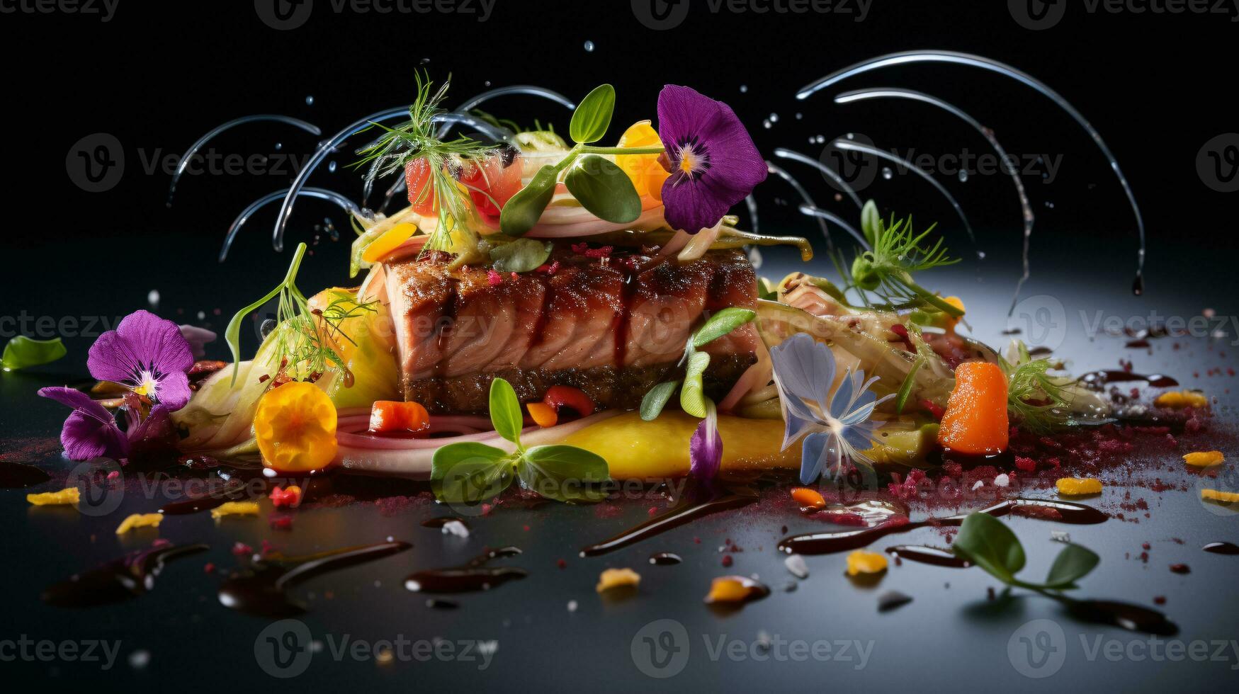 A Delectable Portrayal of Gourmet Artistry Paired with the Finest Beverage for Food Enthusiasts AI Generative photo