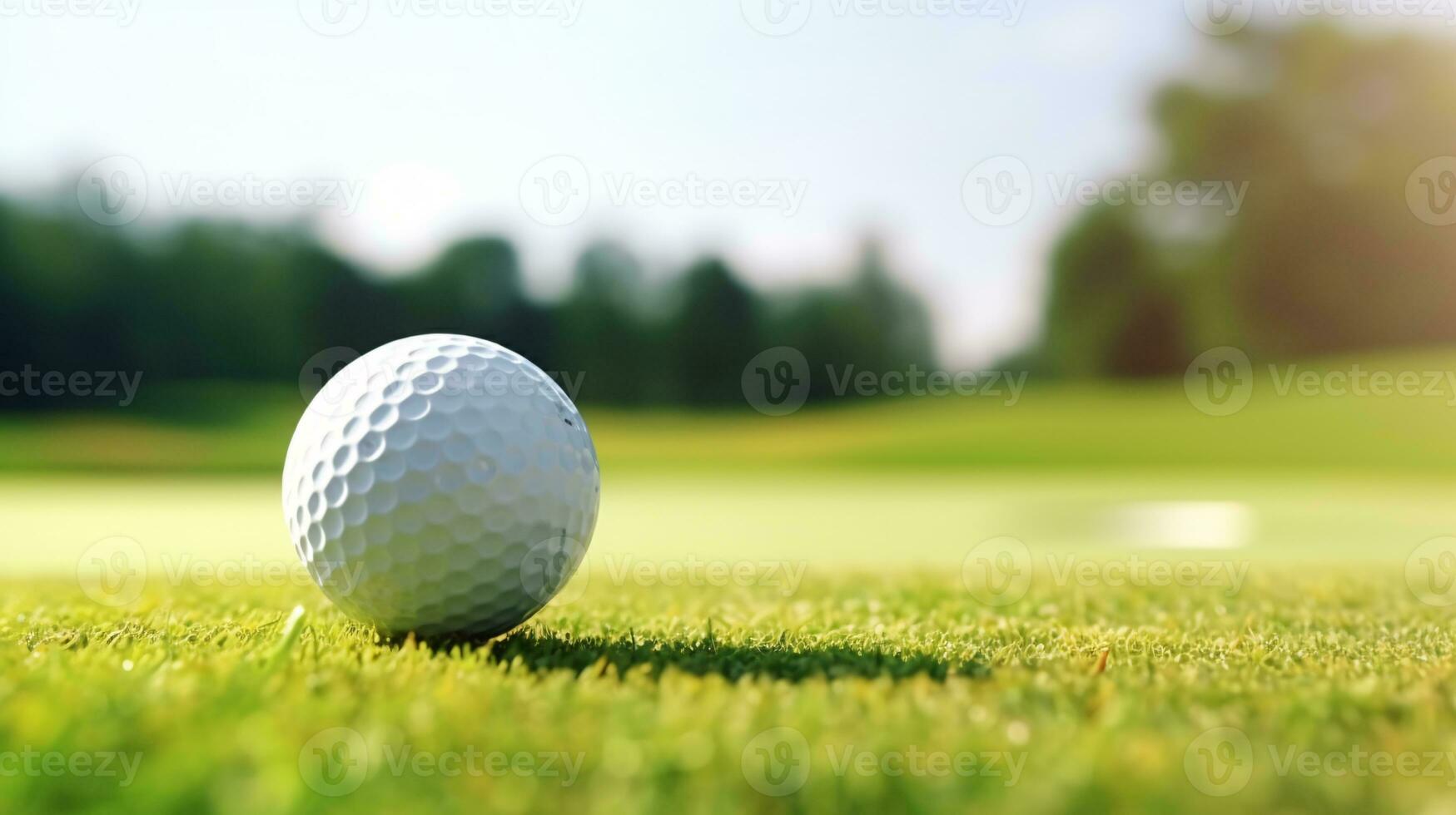 Essence of Golfing on a Dreamy Day with a Ball in the Foreground against a Sunlit Horizon AI Generative photo