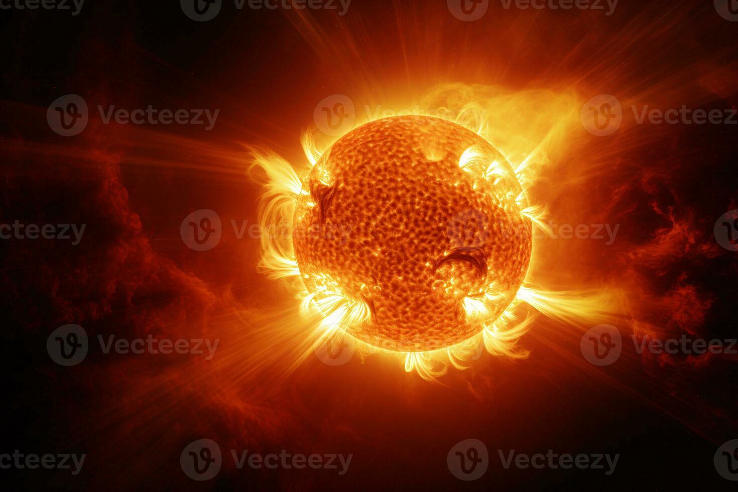 Hyper-realistic image of the sun's surface showcasing the raw power of erupting solar flares AI Generative photo