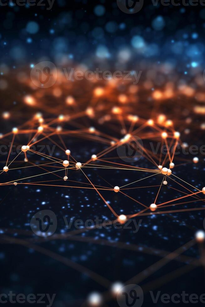 Futuristic visualization of interconnected digital nodes with dark background and abundant copy space photo
