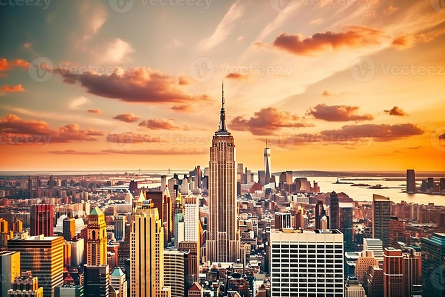 Vibrant panoramic cityscape of New York at sunset with iconic skyscrapers and generous copy space photo