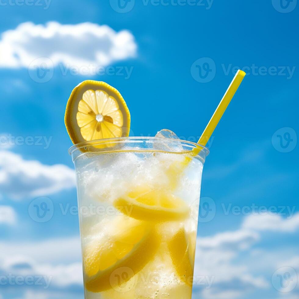 Bright Summer Image of Iced Lemonade in Glass with Lemon Slice and Straw AI Generative photo