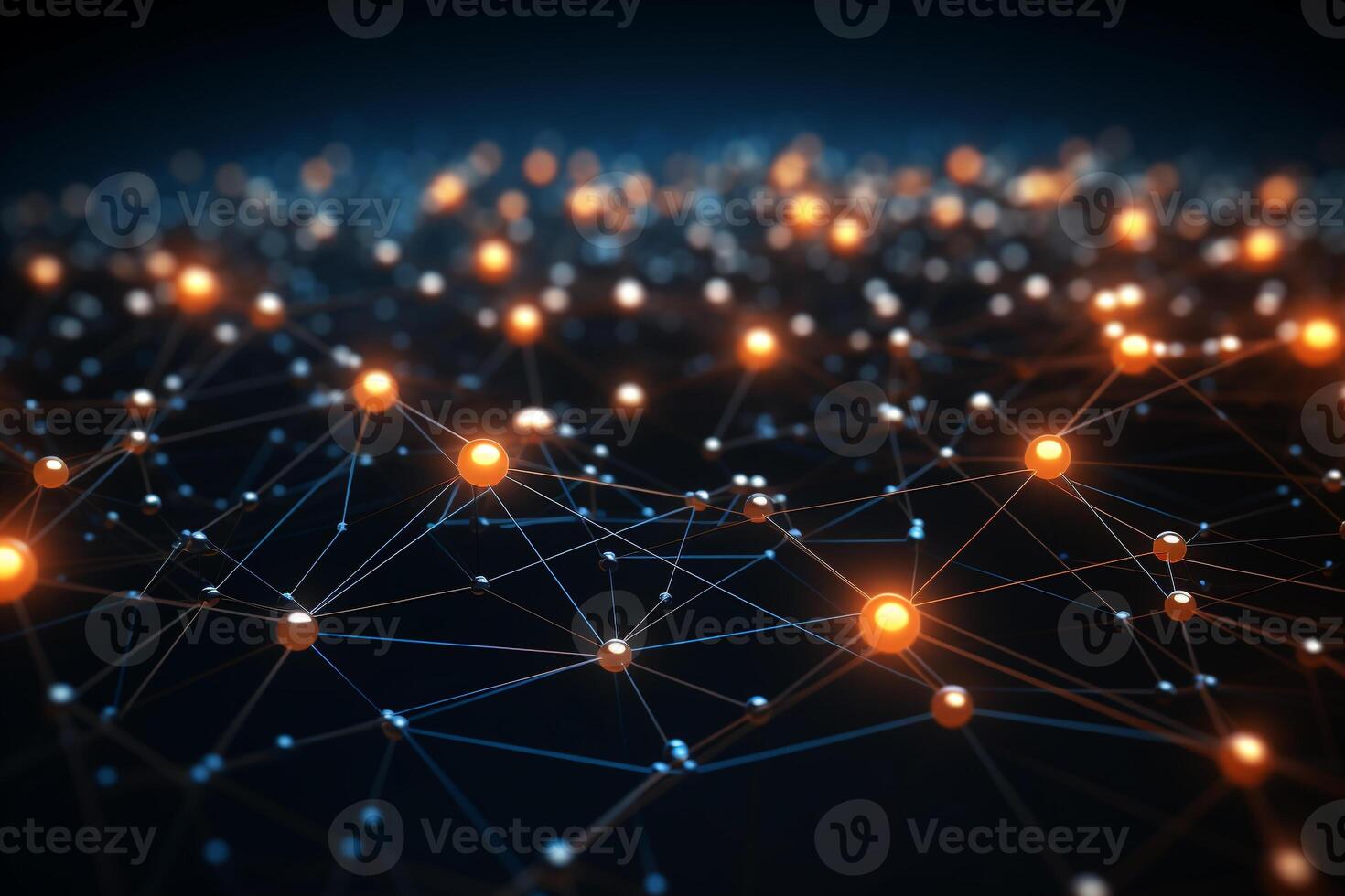 Futuristic visualization of interconnected digital nodes with dark background and abundant copy space photo