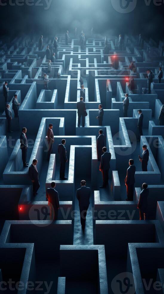 Navigating business challenges depicted by professionals at a 3D maze intersection photo