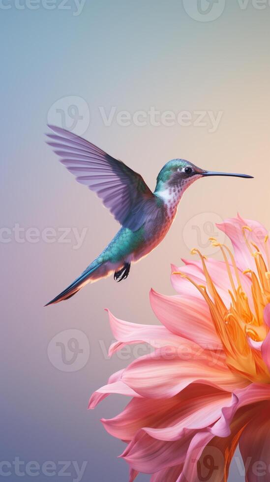 Minimalist capture of a hummingbird mid-flight sipping nectar from an exotic flower photo