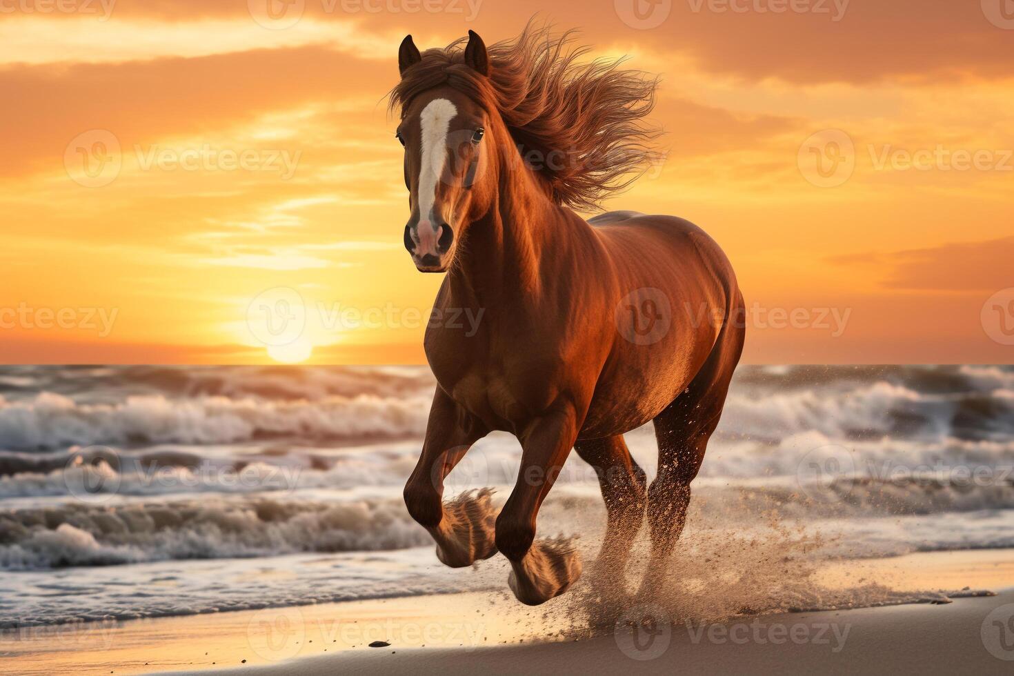 Dynamic image of a horse galloping across a sandy beach against a stunning sunset photo
