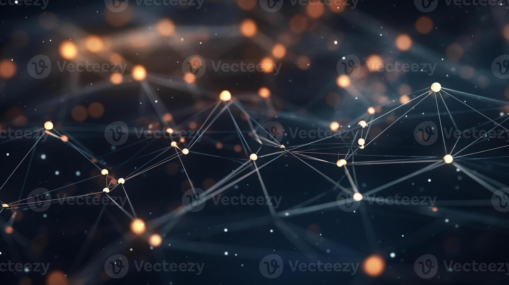 Futuristic visualization of interconnected digital nodes with dark background and abundant copy space photo
