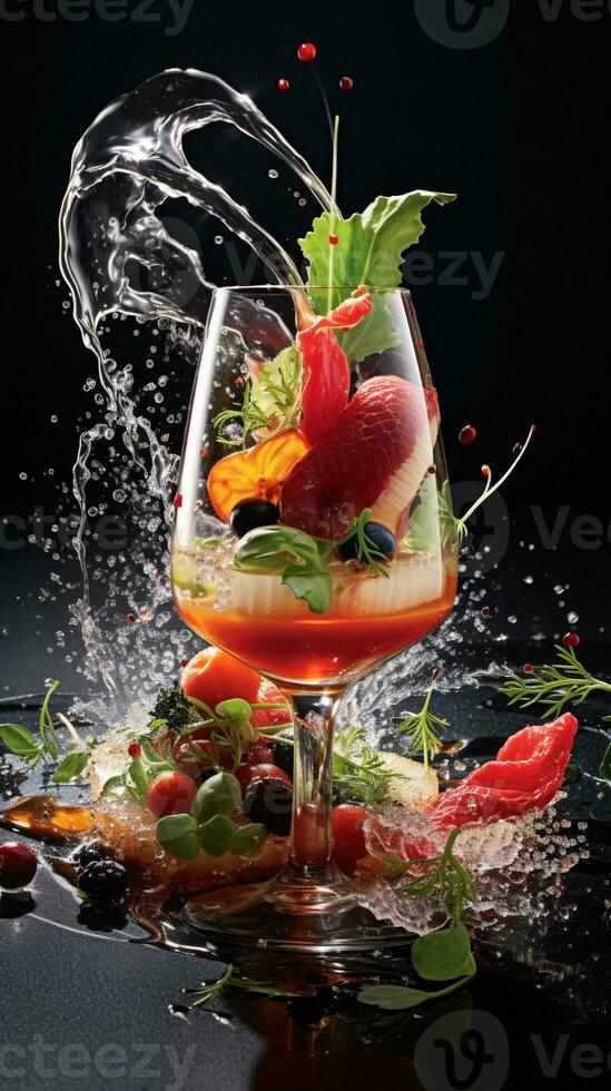 A Delectable Portrayal of Gourmet Artistry Paired with the Finest Beverage for Food Enthusiasts AI Generative photo