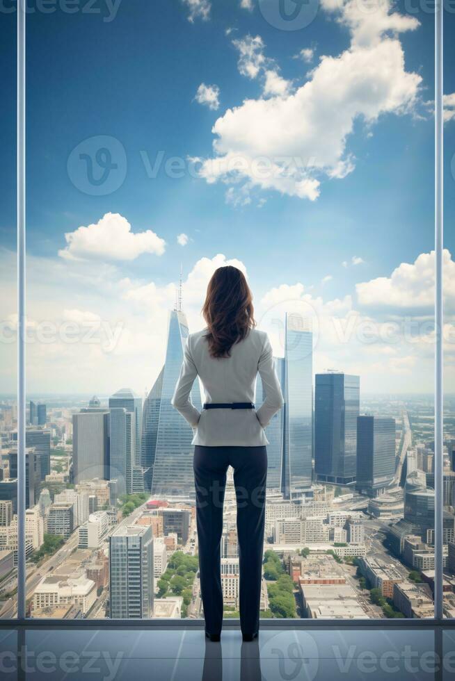 Backshot of a female leader against a panoramic window and expansive cityscape with ample copyspace AI Generative photo