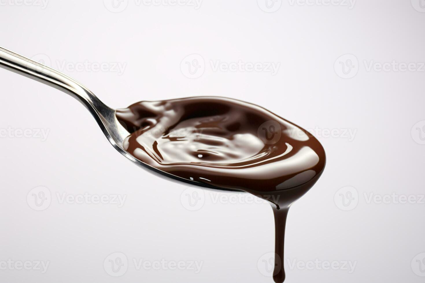Luscious Chocolate Sauce Dripping from Silver Spoon Against Stark White Background AI Generative photo