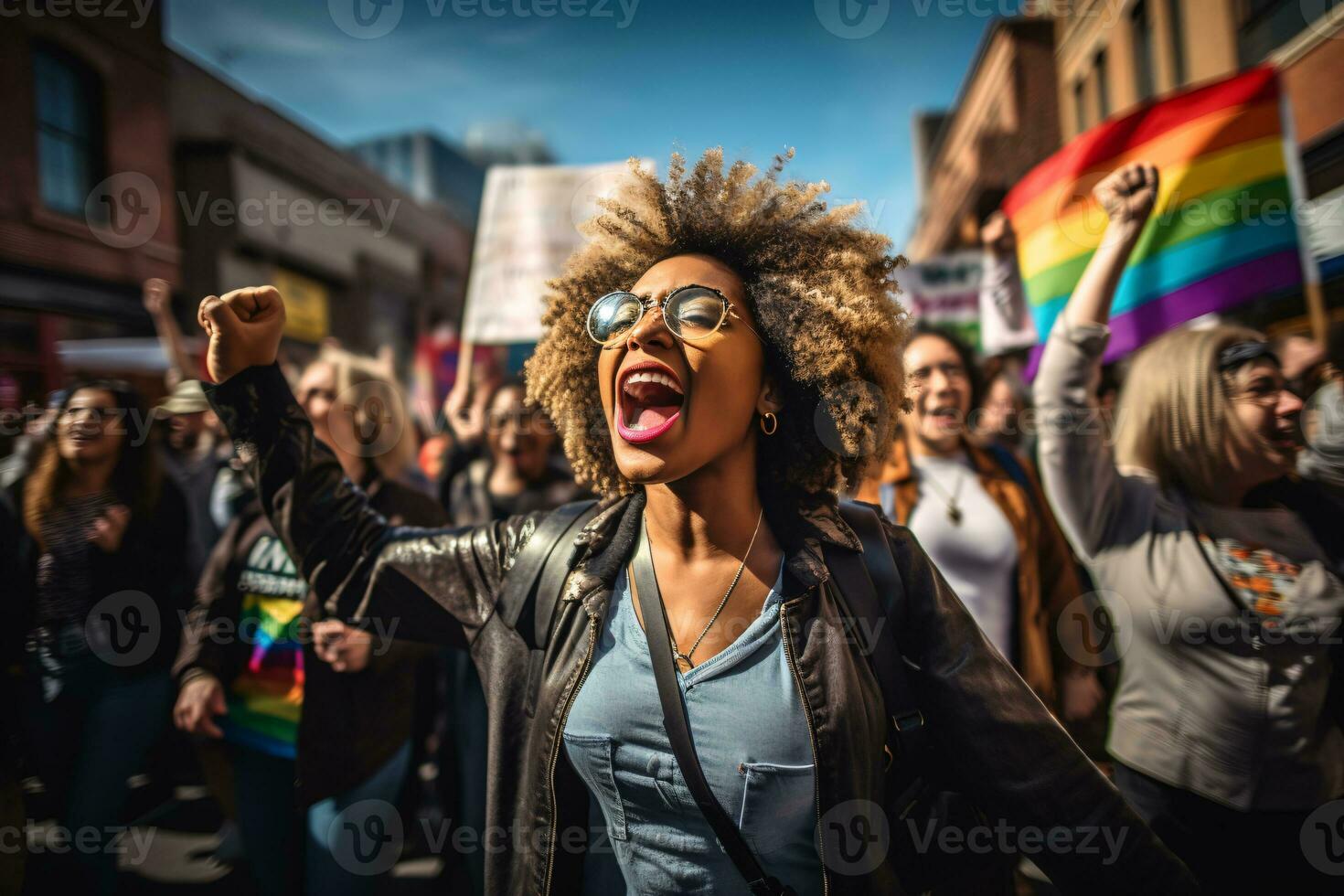 Essence of Social Activism with Uncropped Demonstrators Marching for Black Lives Matter and LGBTQ Rights AI Generative photo