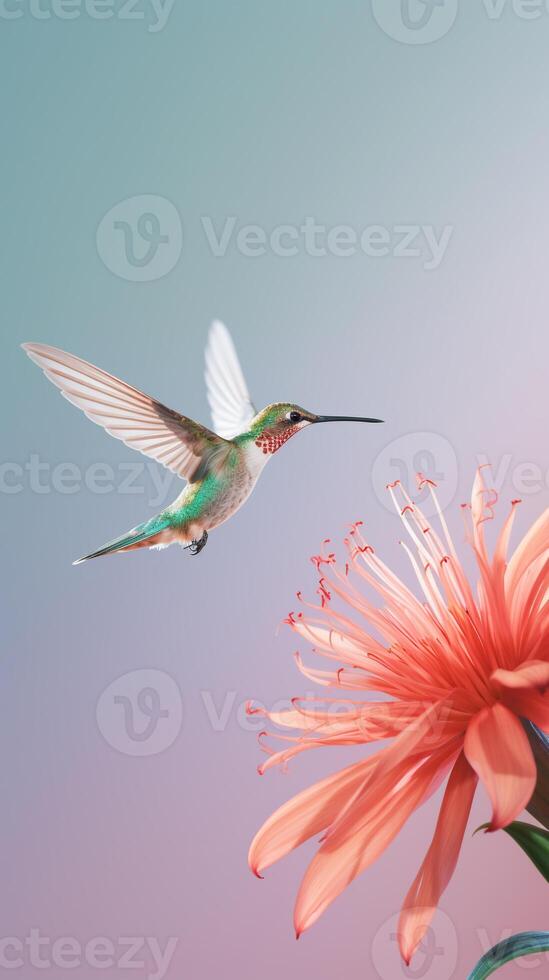 Minimalist capture of a hummingbird mid-flight sipping nectar from an exotic flower photo