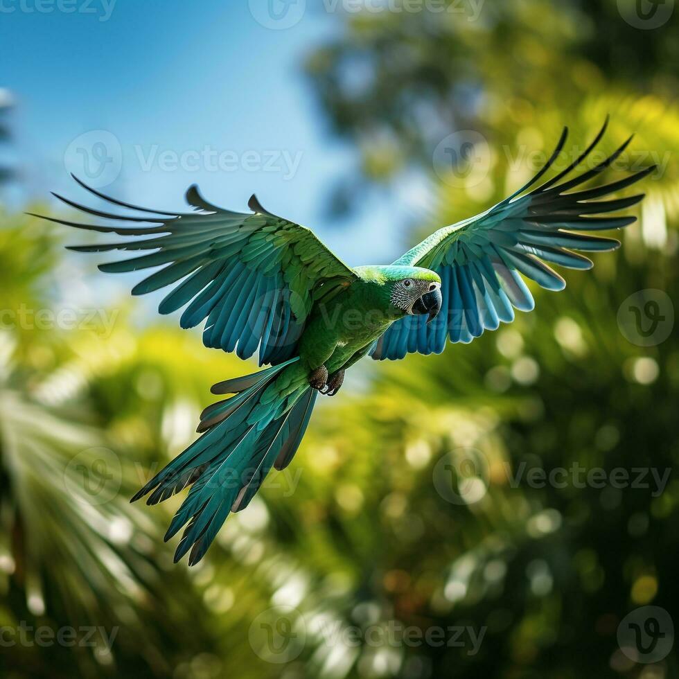 Dense, emerald-green jungle scene with a vibrant parrot flying amidst the foliage AI Generative photo