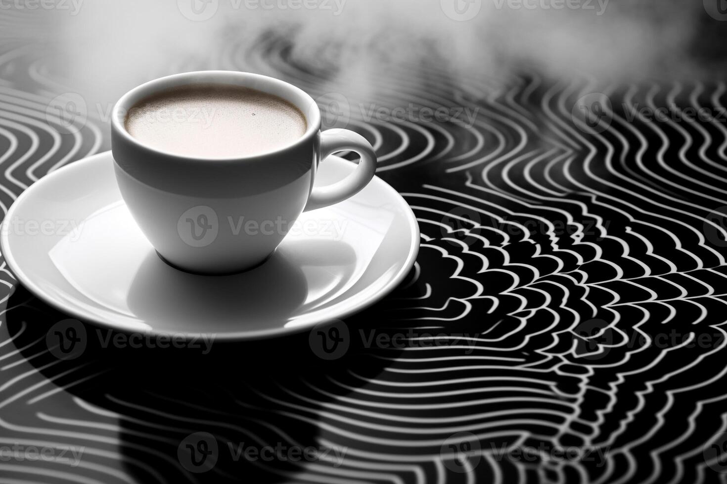Aerial View of Steaming Coffee Cup on Geometrically Patterned Surface with Ample Copy Space photo