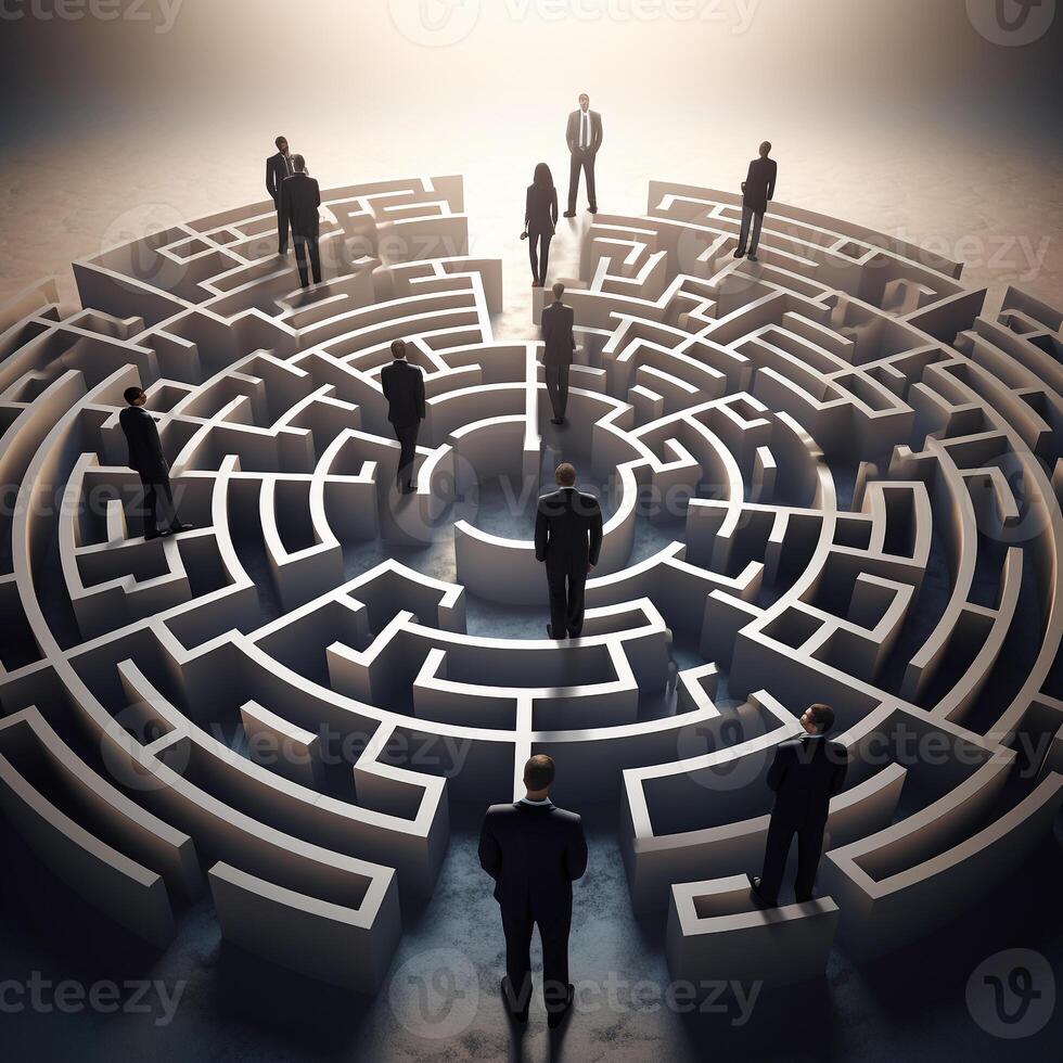 Navigating business challenges depicted by professionals at a 3D maze intersection photo