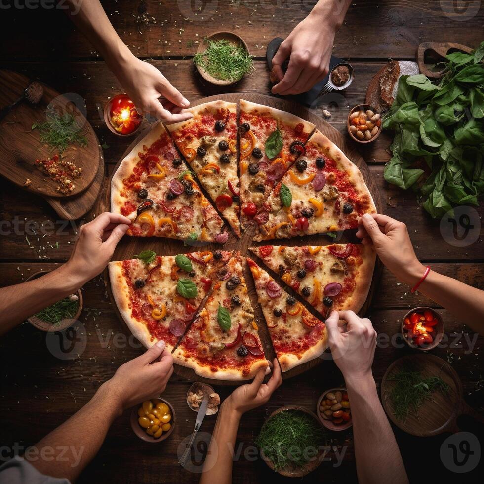 Overhead shot of shared pizza depicting culinary delight and community AI Generative photo