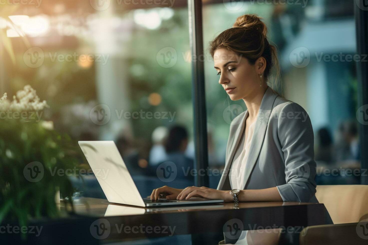 Businesswoman in formal attire working at a cafe with large glass-window copyspace for branding opportunities AI Generative photo